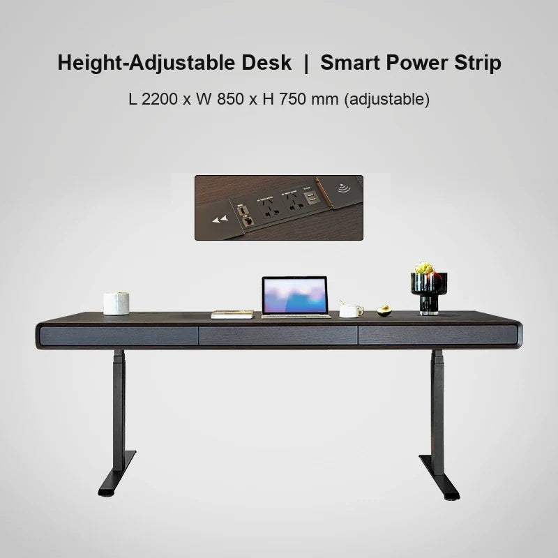 smoked wood electric standing desk with smart power strip 2200 x 850 x 750 mm