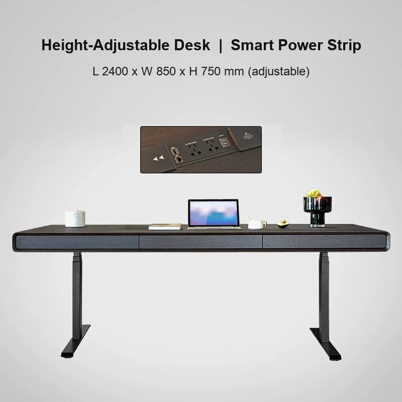 smoked wood electric standing desk with smart power strip 2400 x 850 x 750 mm