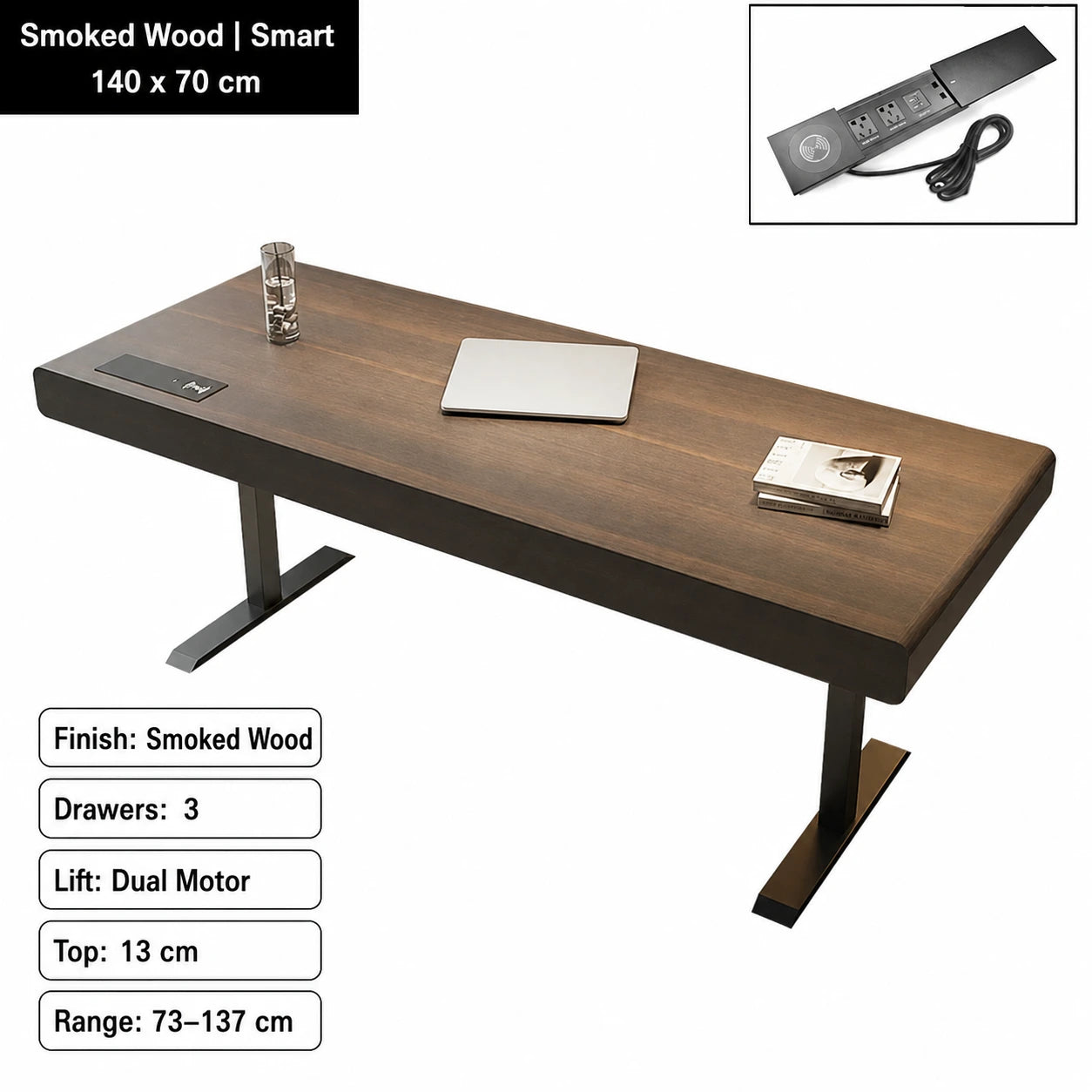 smoked wood electric standing desk with smart power strip 140 x 70 cm