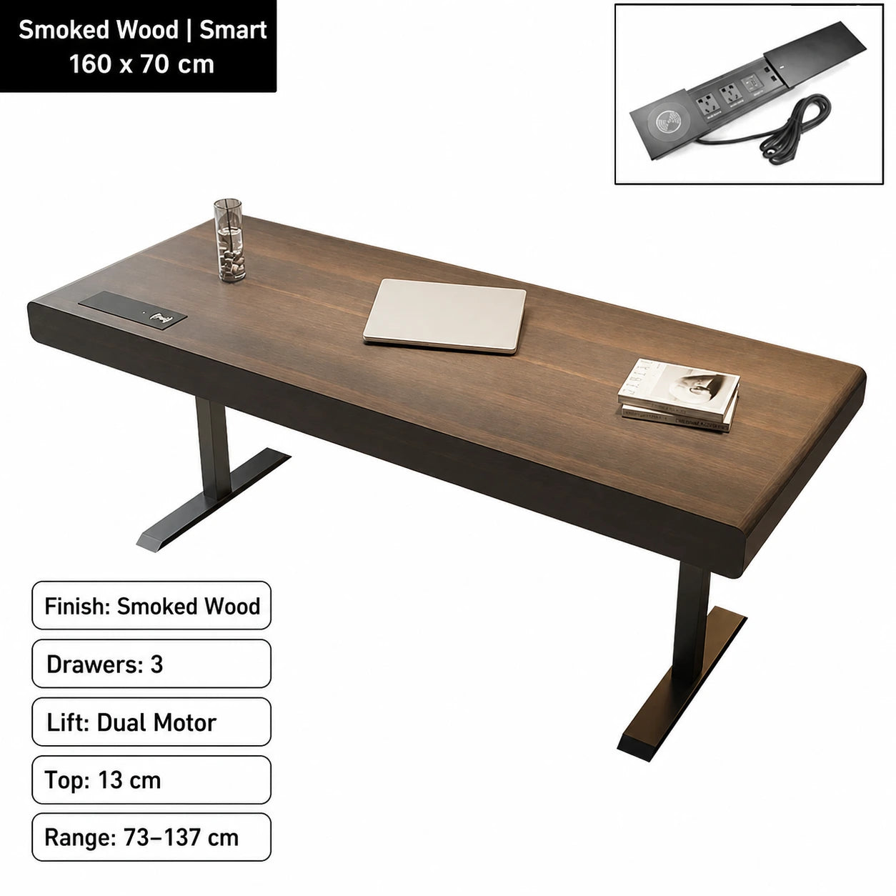 smoked wood electric standing desk with smart power strip 160 x 70 cm