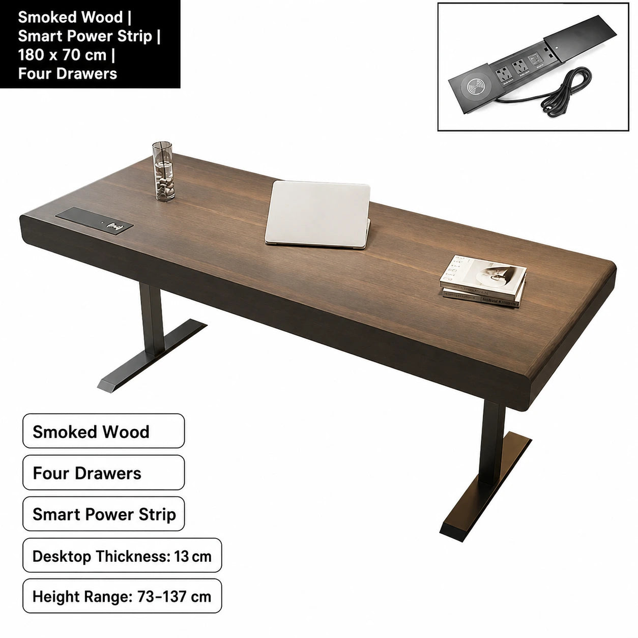 smoked wood electric standing desk with smart power strip 180 x 70 cm