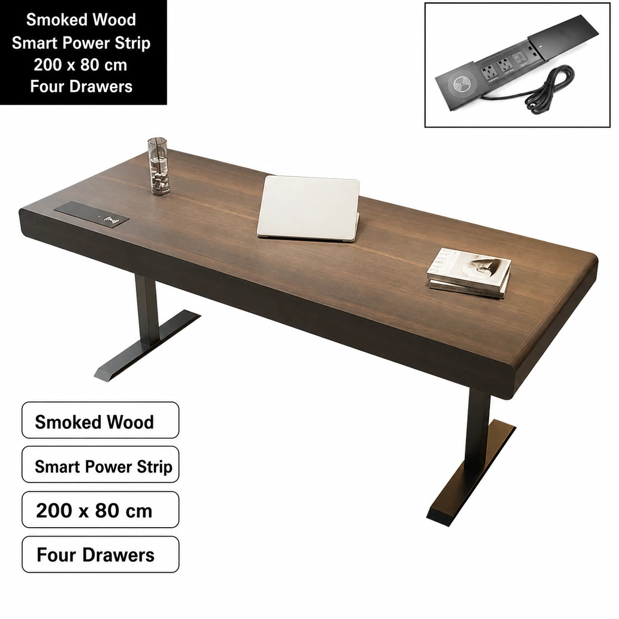 smoked wood electric standing desk with smart power strip 200 x 80 cm