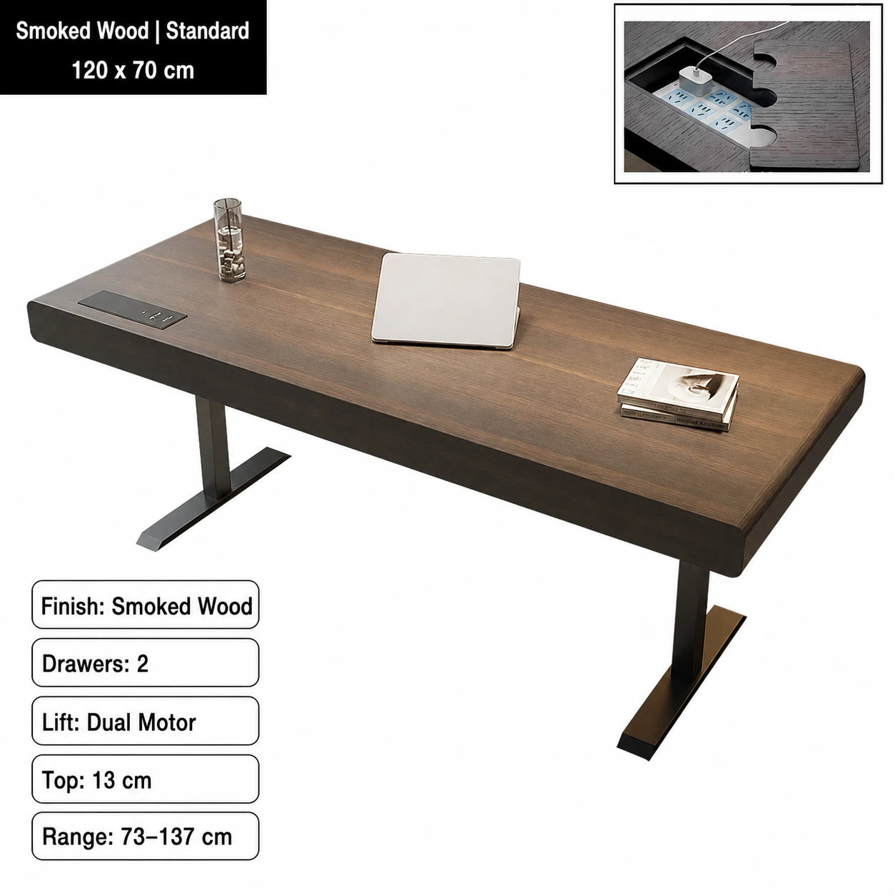 smoked wood electric standing desk standard configuration 120 x 70 cm