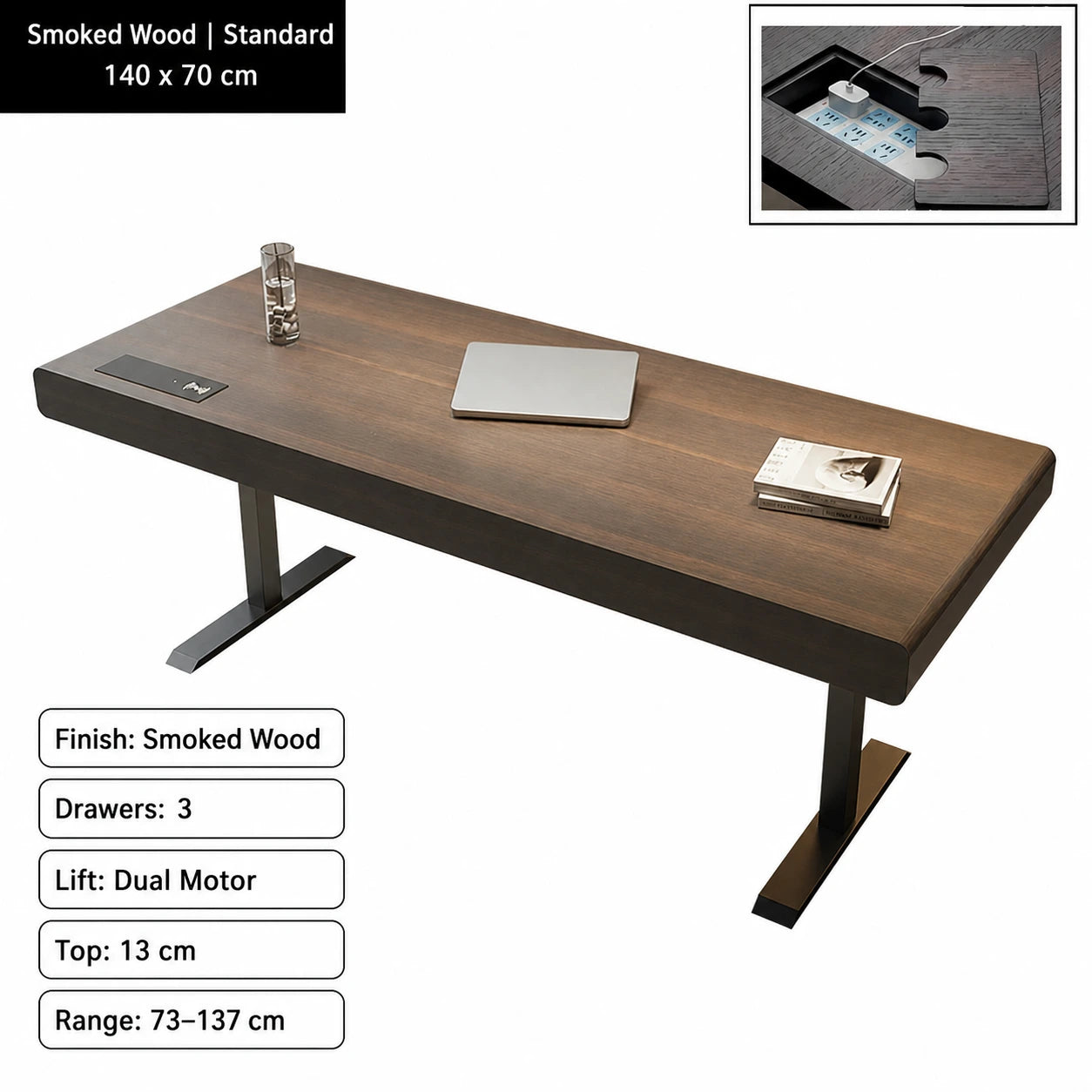 smoked wood electric standing desk standard configuration 140 x 70 cm