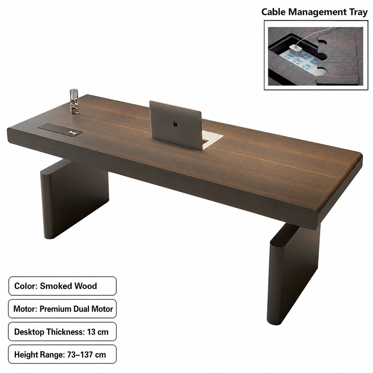 smoked wood dual motor standing desk with cable management tray