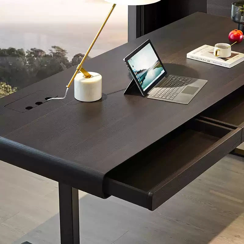 smoked wood standing desk desktop detail with cable access and drawer storage