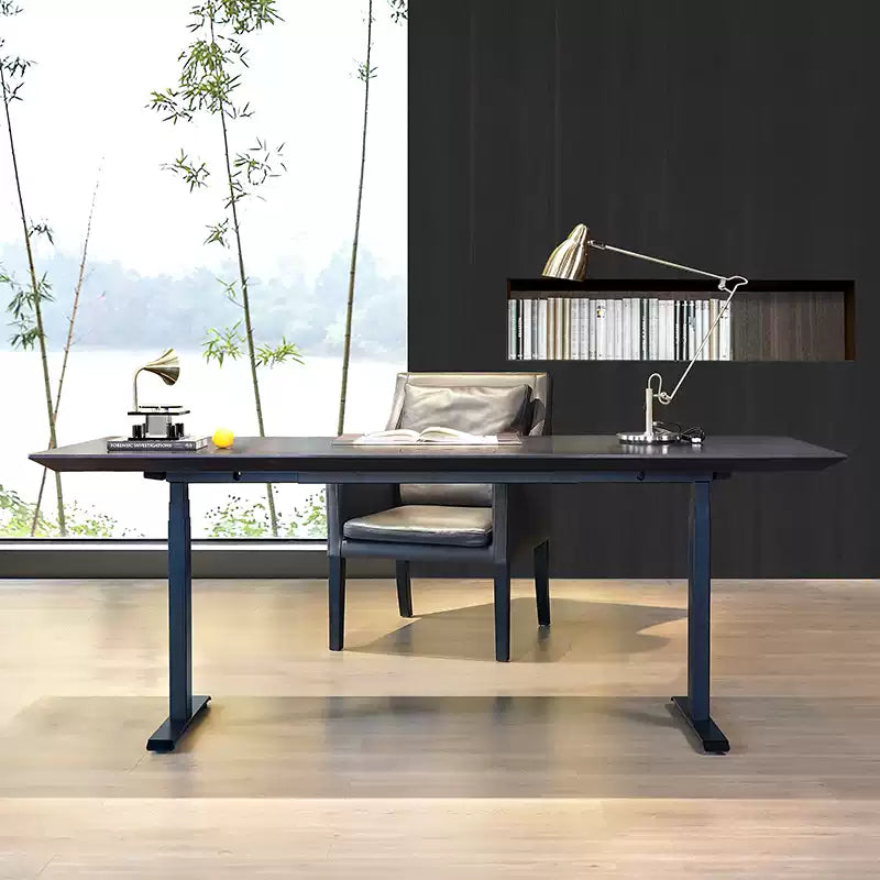 Smoked wood electric standing desk in a bright modern office