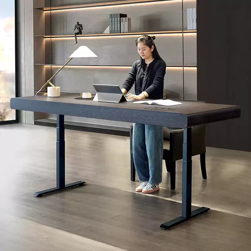 smoked wood electric standing desk used as a study room and executive office desk