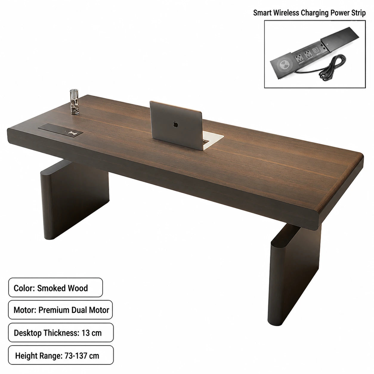 smoked wood standing desk with wireless charging power strip