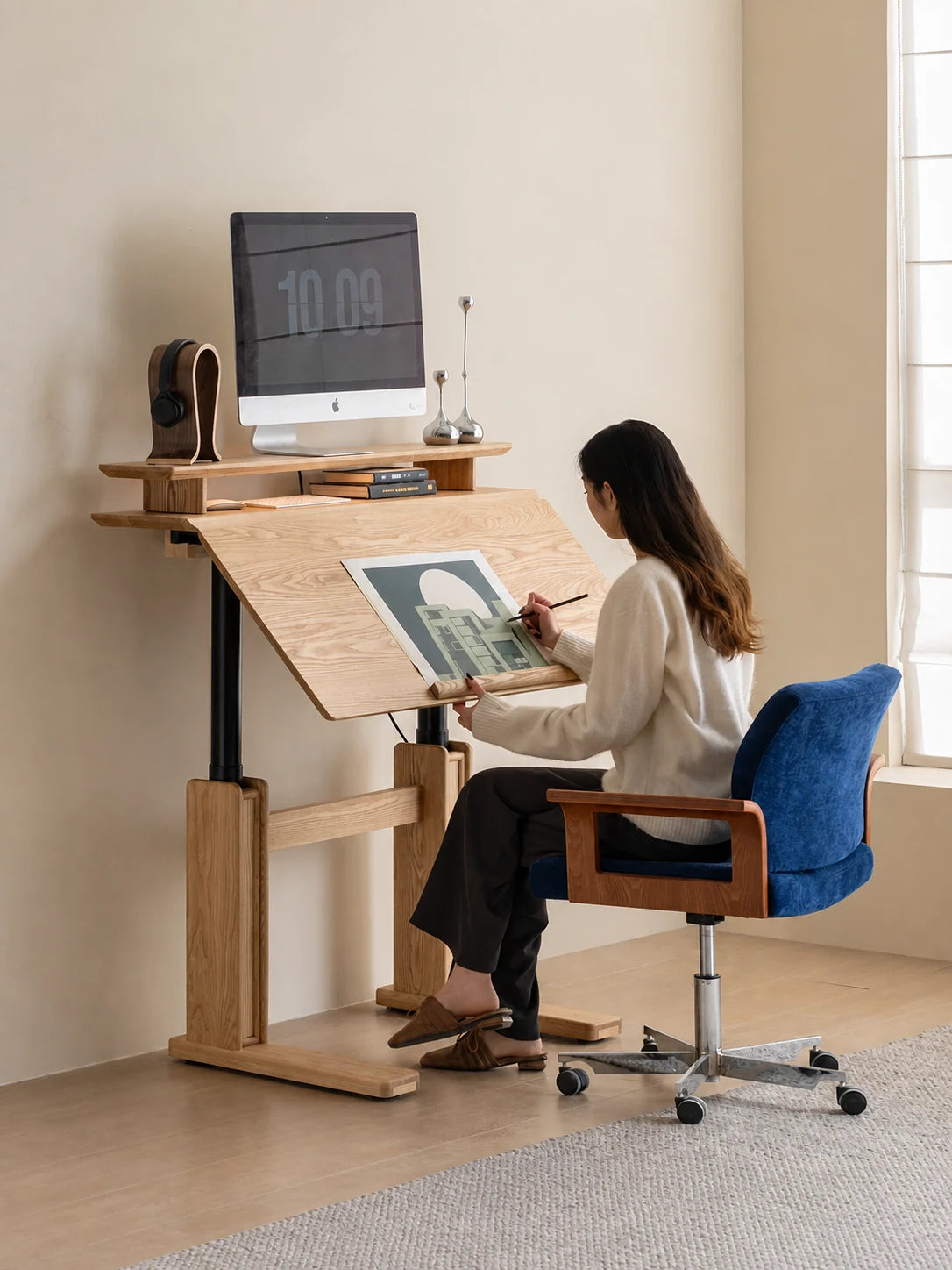 Solid ash tilting electric standing desk for a home office