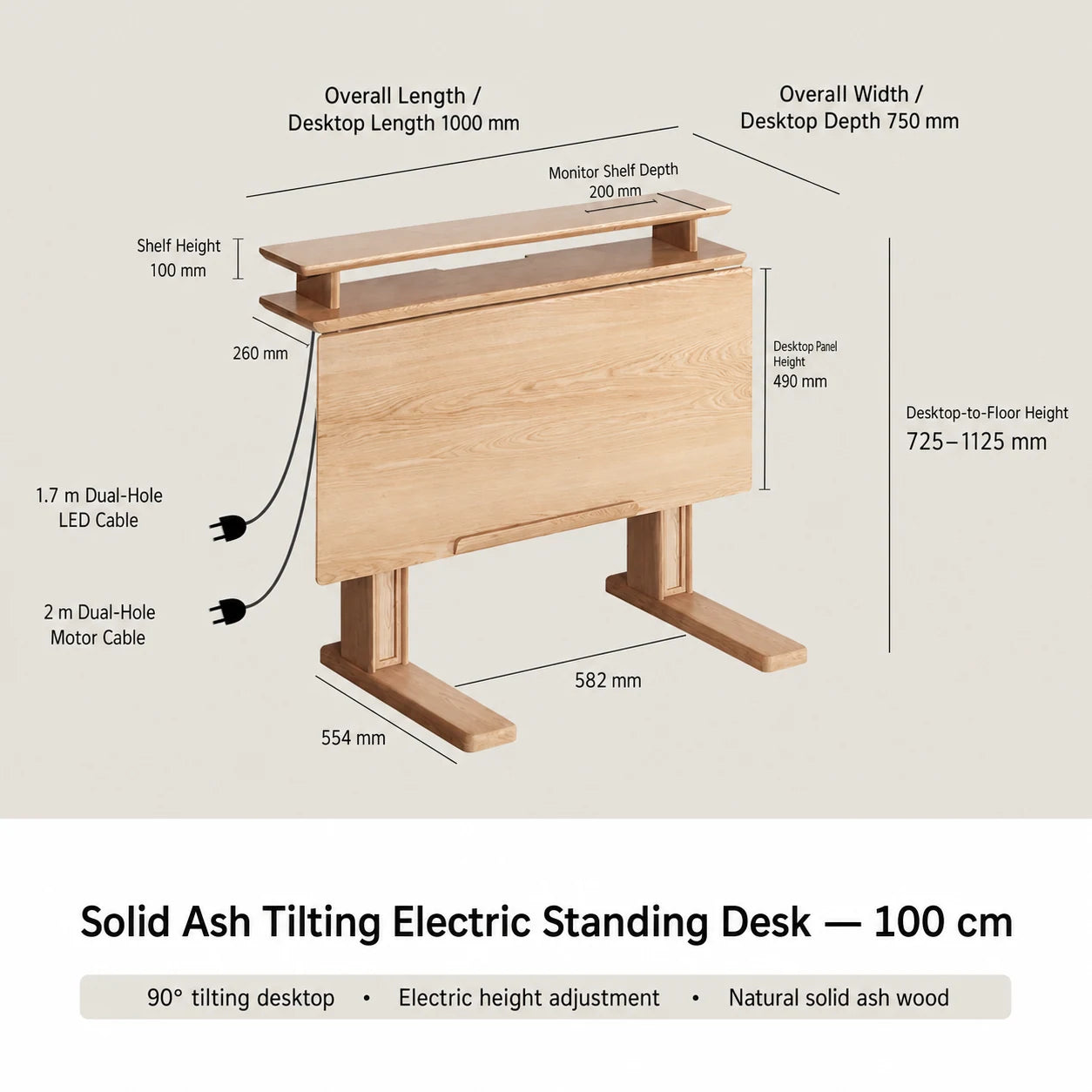 100 cm solid ash tilting electric standing desk dimensions