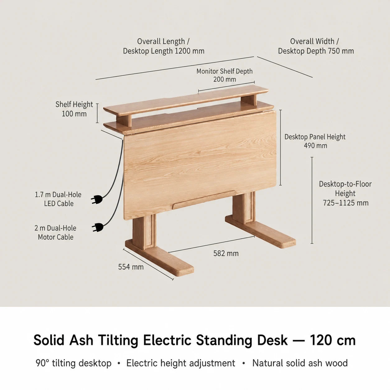 120 cm solid ash tilting electric standing desk dimensions