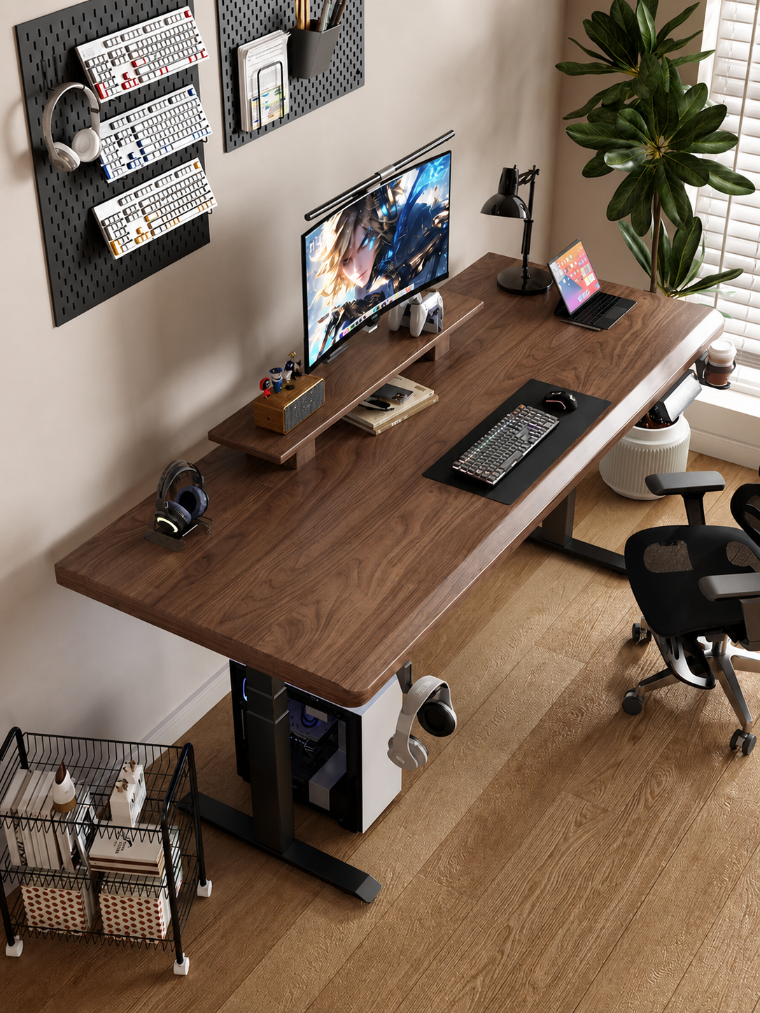 Solid black walnut electric standing desk in a modern home office