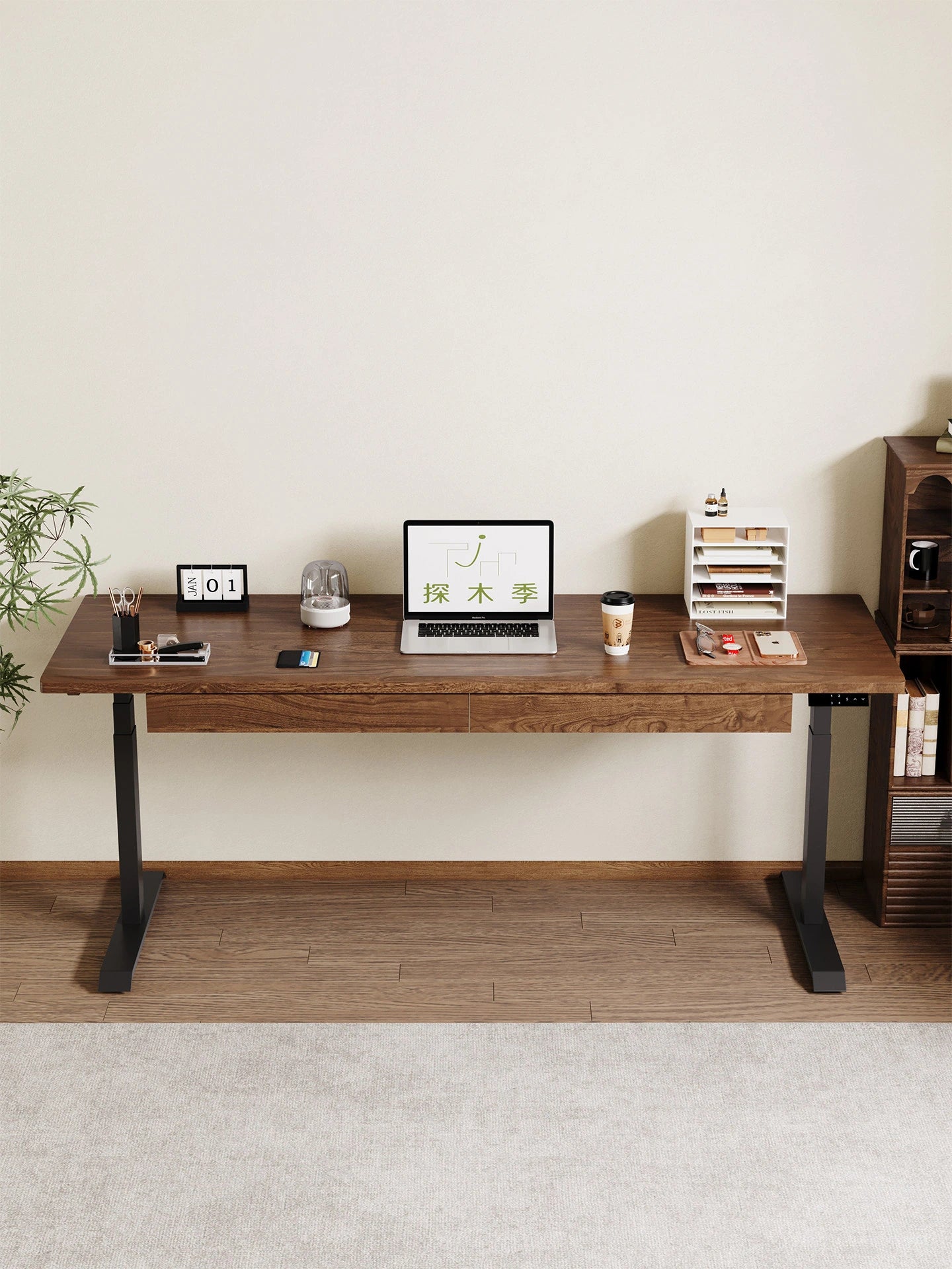 Solid walnut dual-motor electric standing desk for a spacious workspace