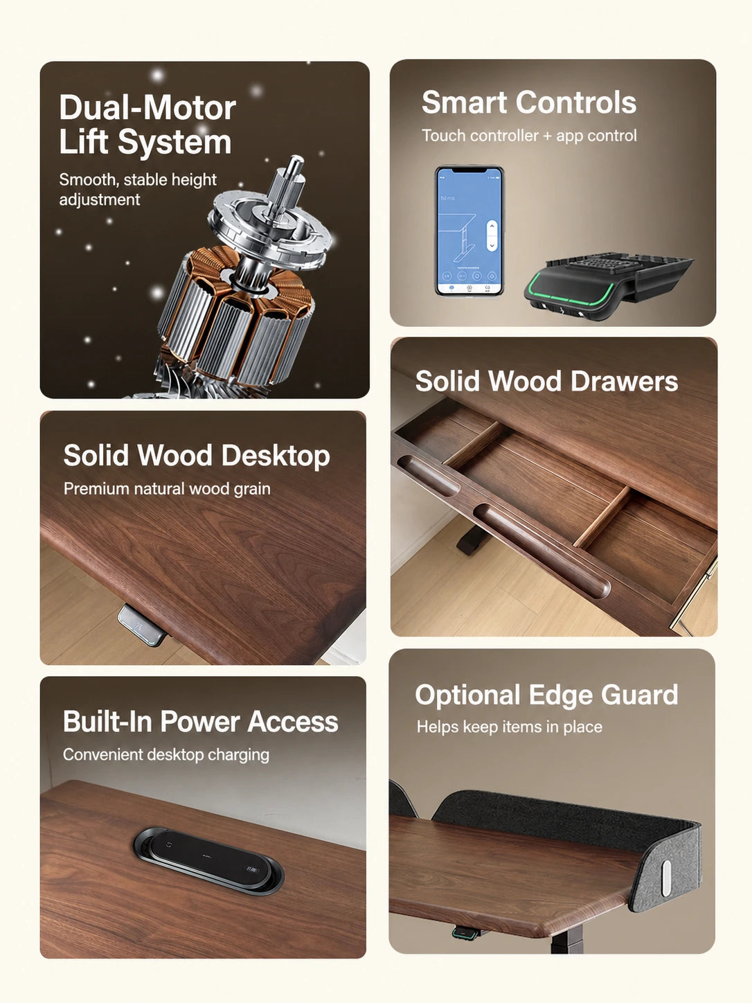 solid wood dual-motor electric standing desk with drawer and height adjustment features