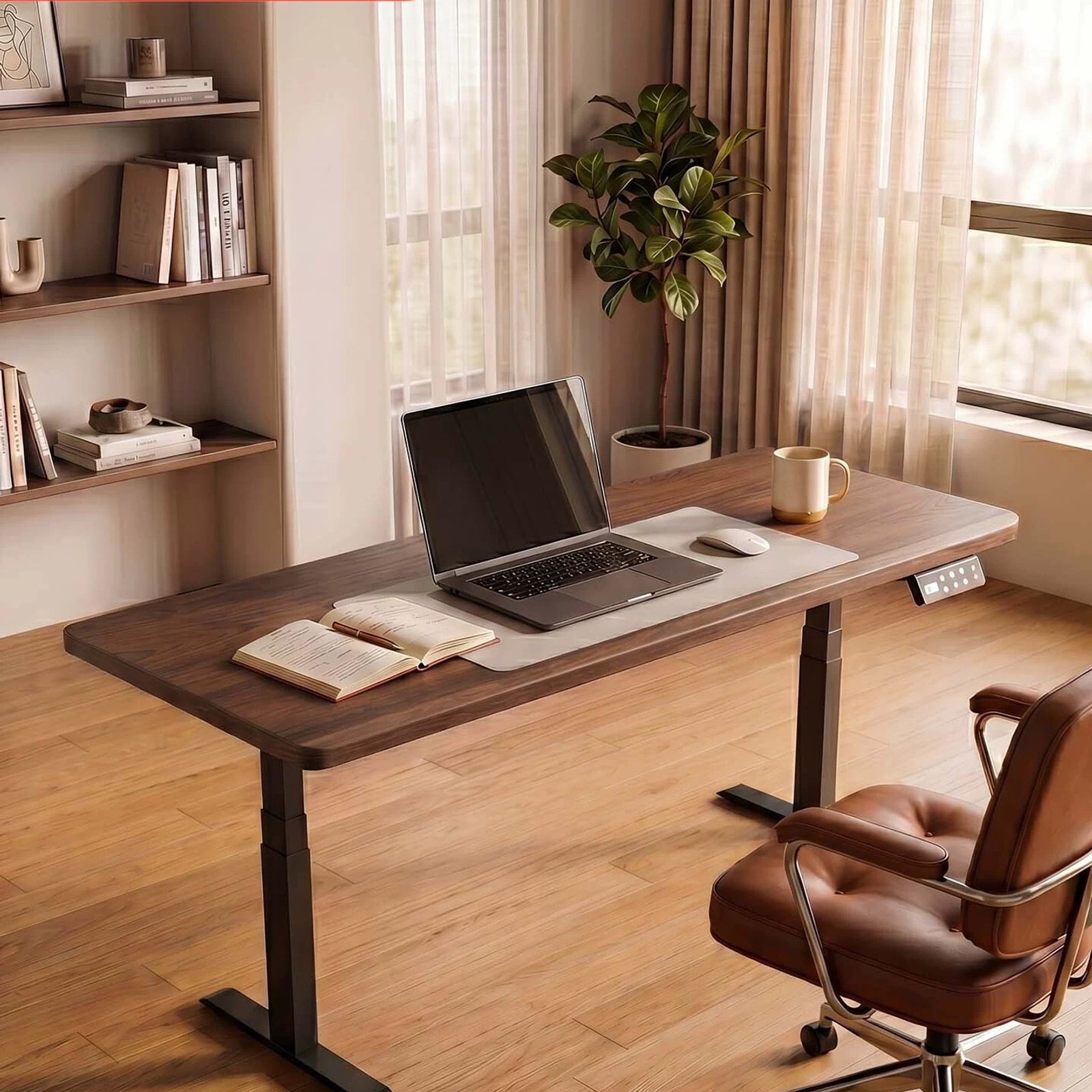 Solid wood dual-motor electric standing desk in a warm home office workspace