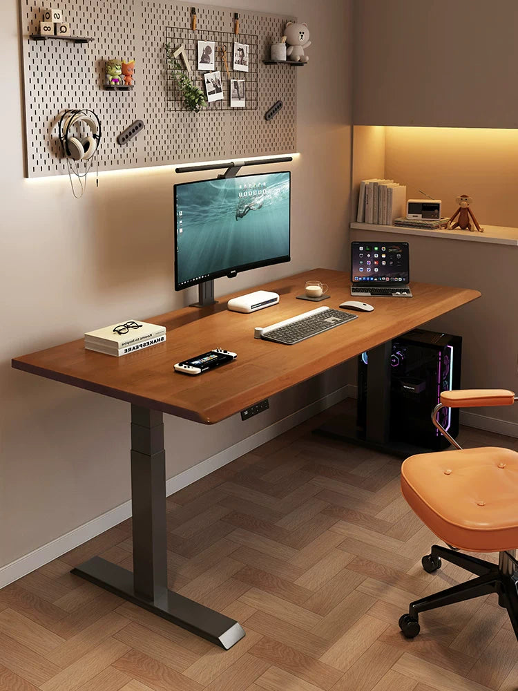 black walnut solid wood electric standing desk in a modern home office