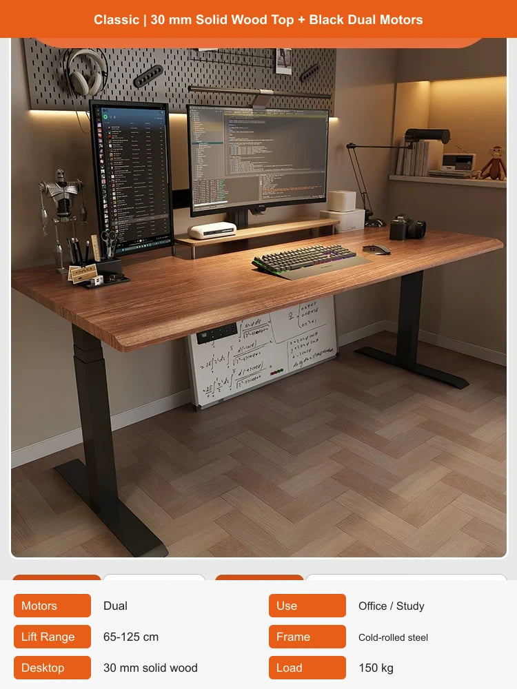 classic 30 mm solid wood top and black dual motors electric standing desk