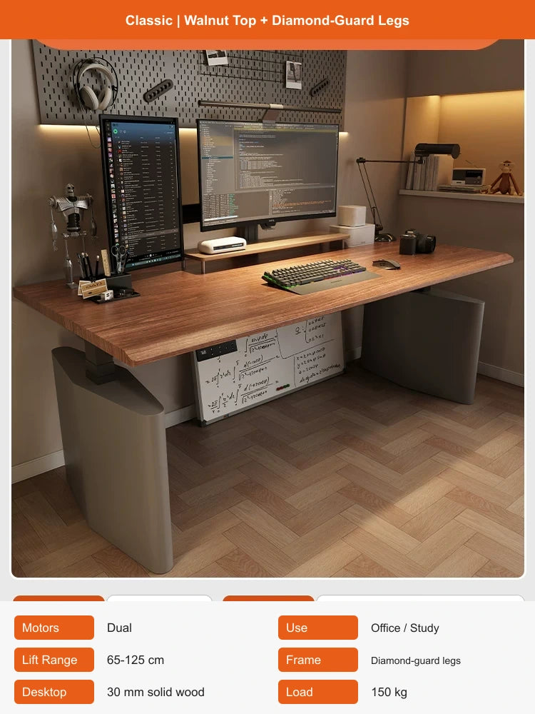 walnut top electric standing desk with diamond-guard legs