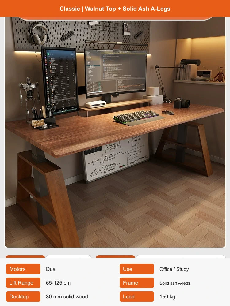 walnut top electric standing desk with solid ash A-legs