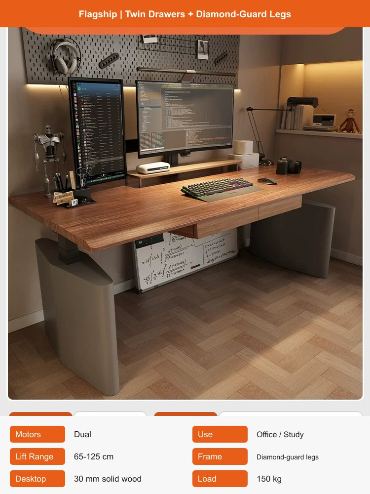 electric standing desk with twin drawers and diamond-guard legs