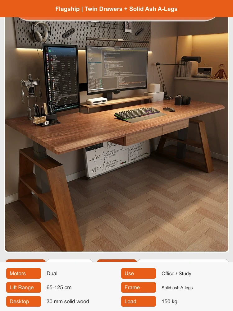solid wood electric standing desk with twin drawers and ash A-legs