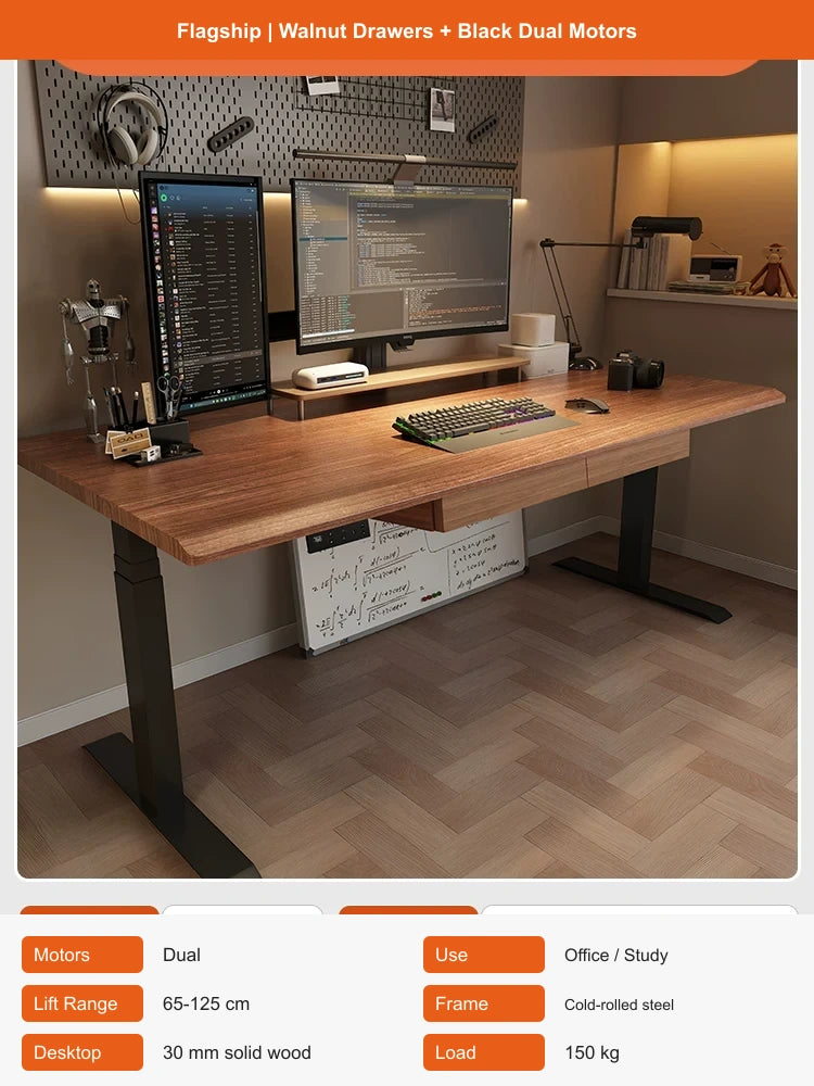 solid wood electric standing desk with walnut drawers and black dual motors
