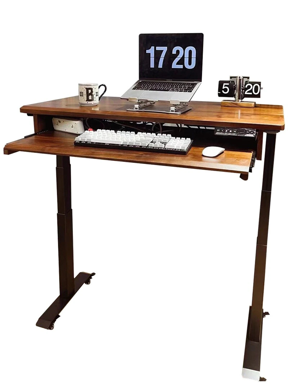 Solid wood electric standing desk with keyboard shelf front view