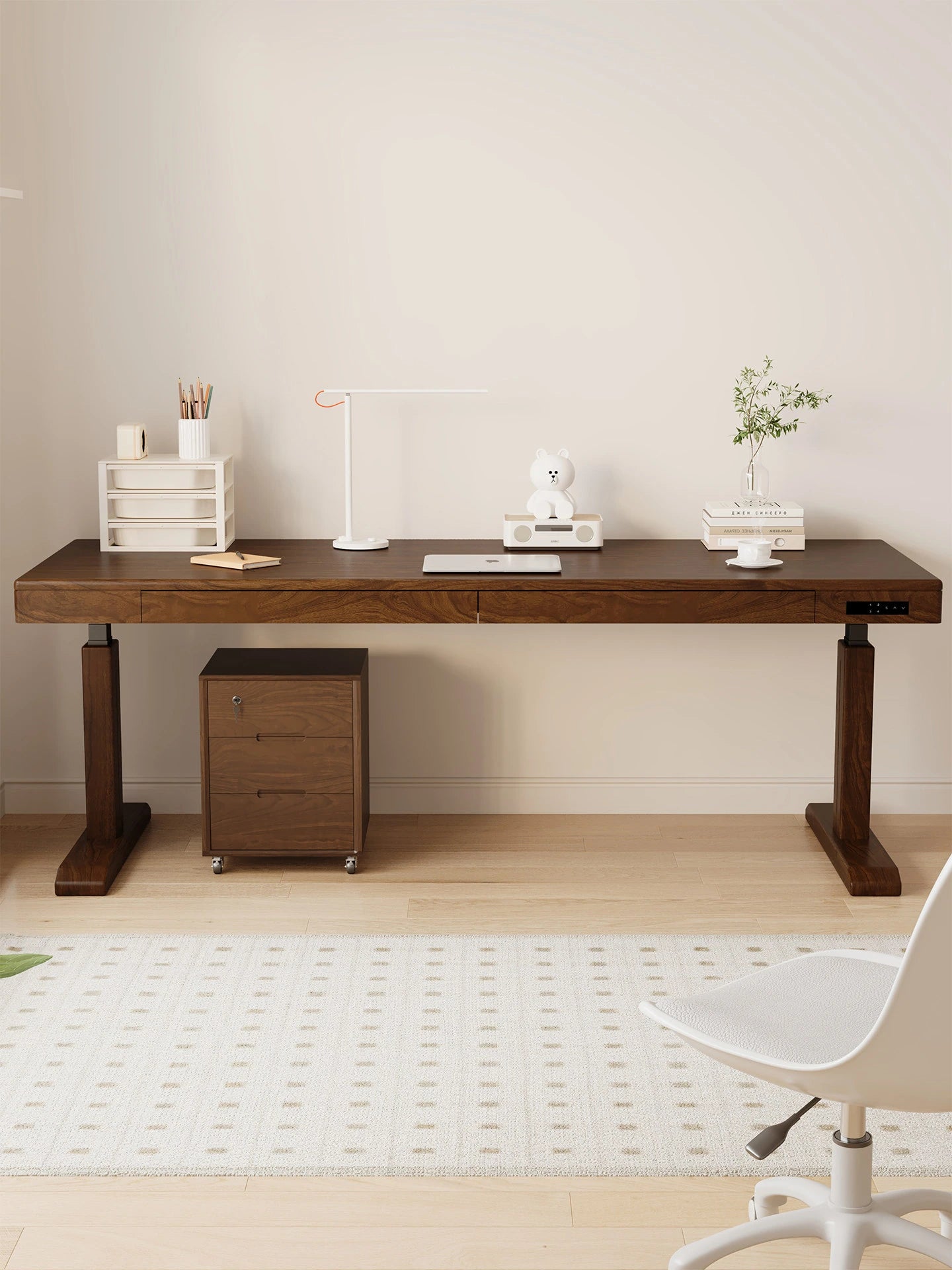 Solid wood electric standing desk with drawer storage shown from the front