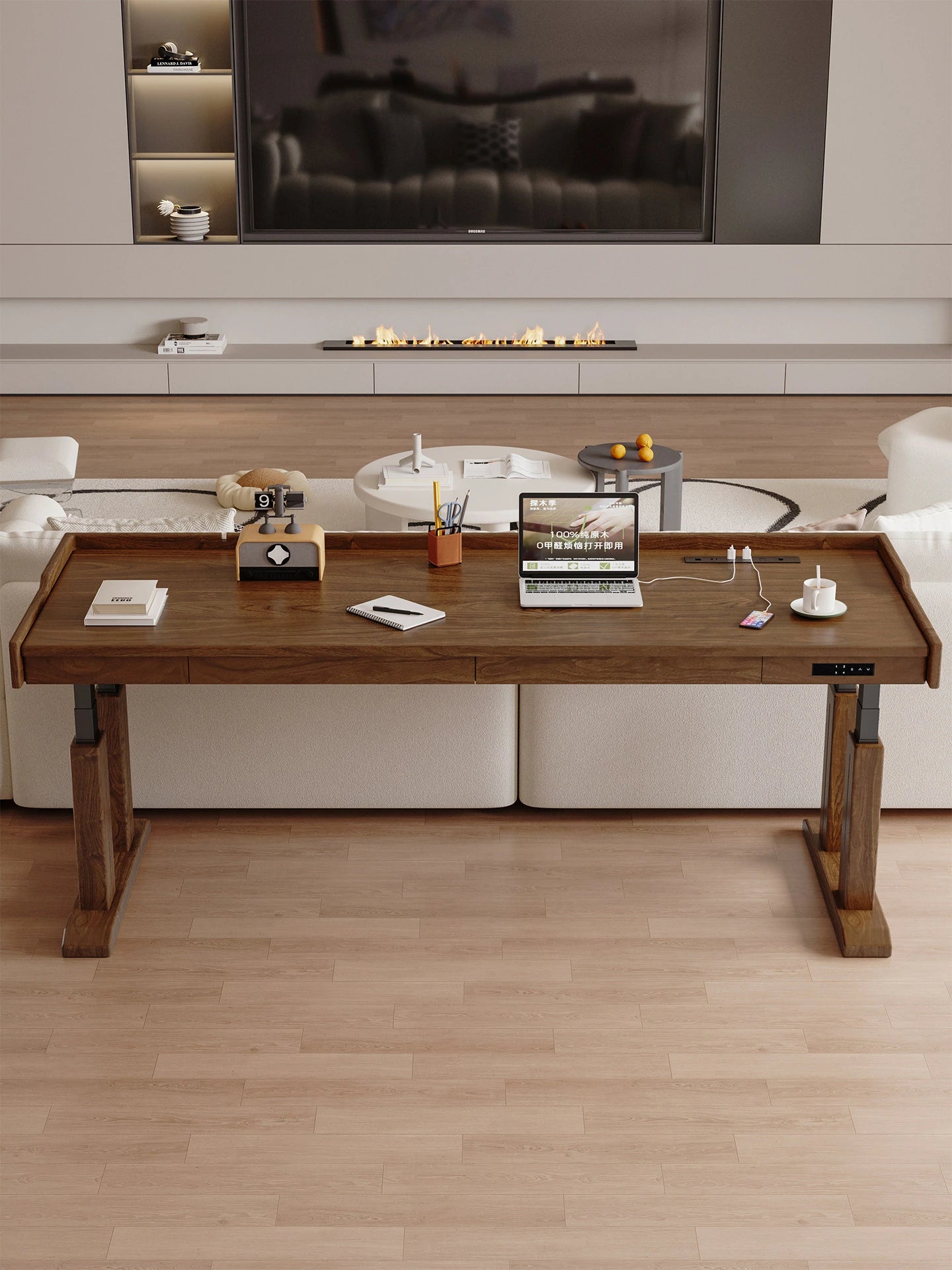 Wide solid wood electric standing desk with drawers viewed from the front