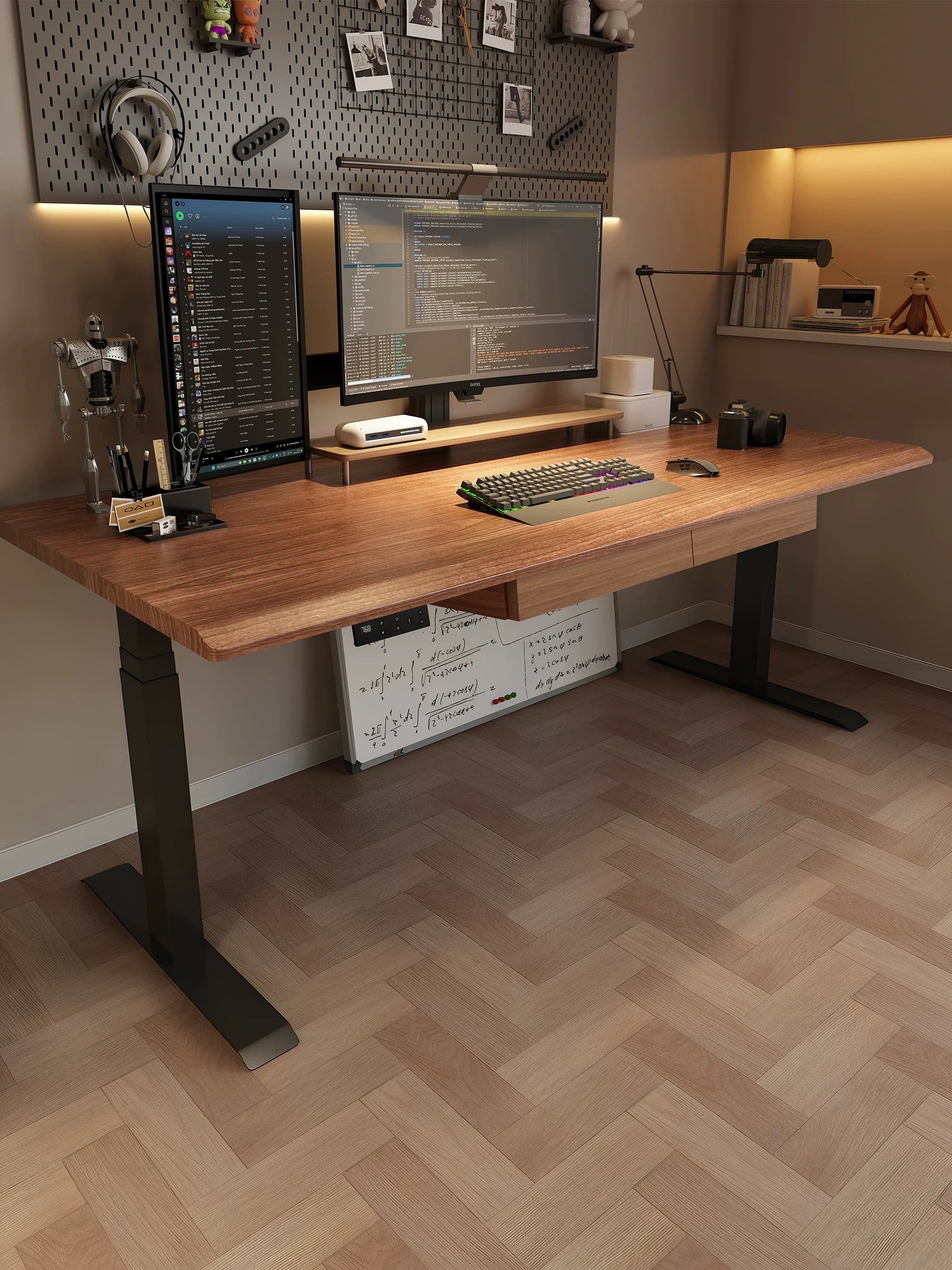 solid wood electric standing desk with dual monitors in a warm home office