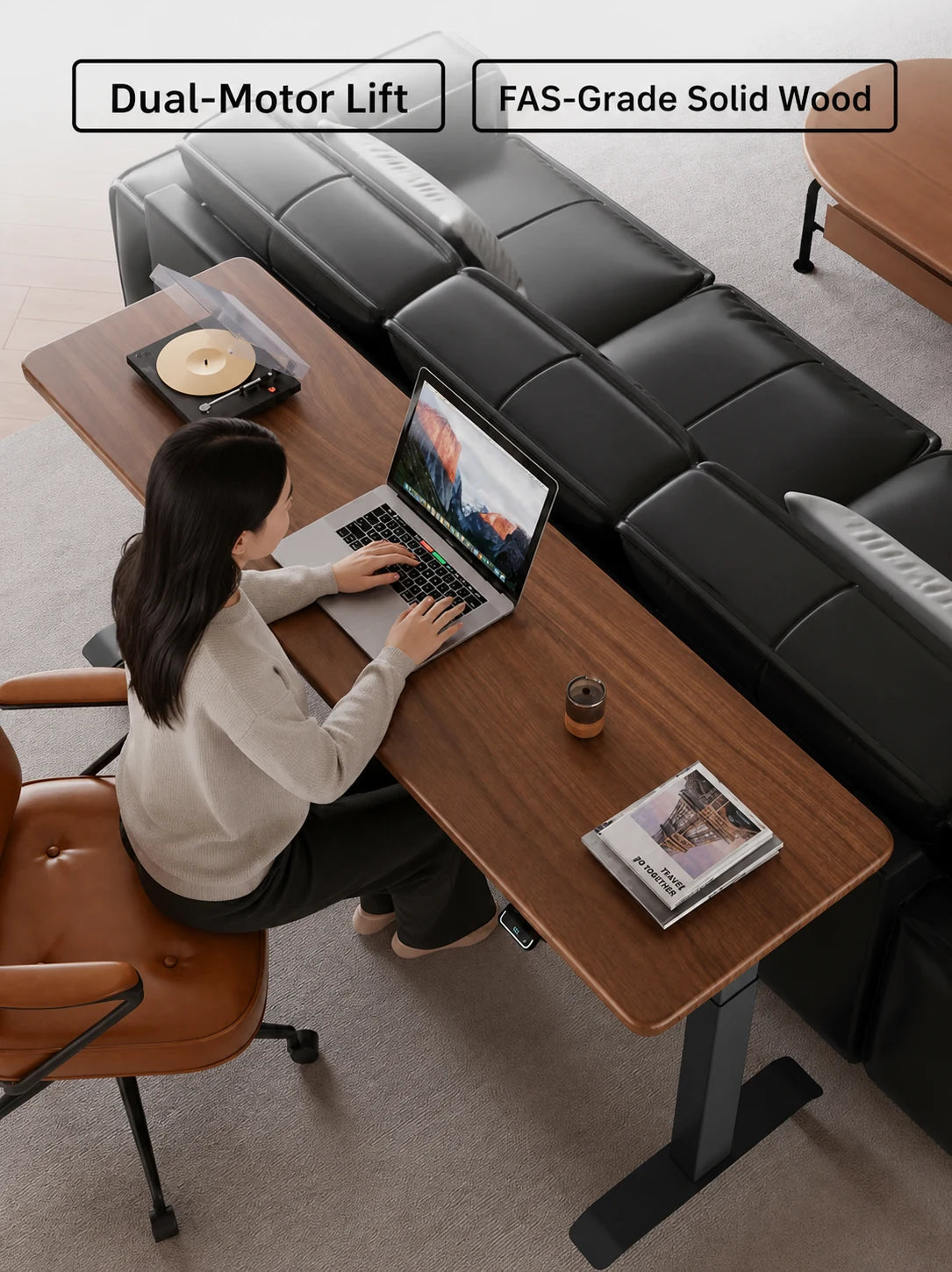 solid wood dual-motor electric standing desk in a modern home office
