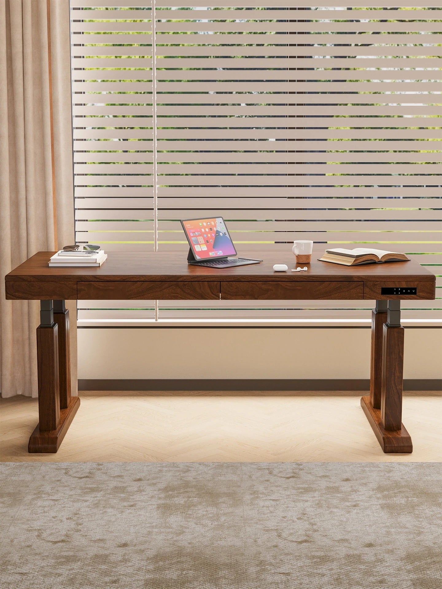 Solid wood electric standing desk in a modern home office
