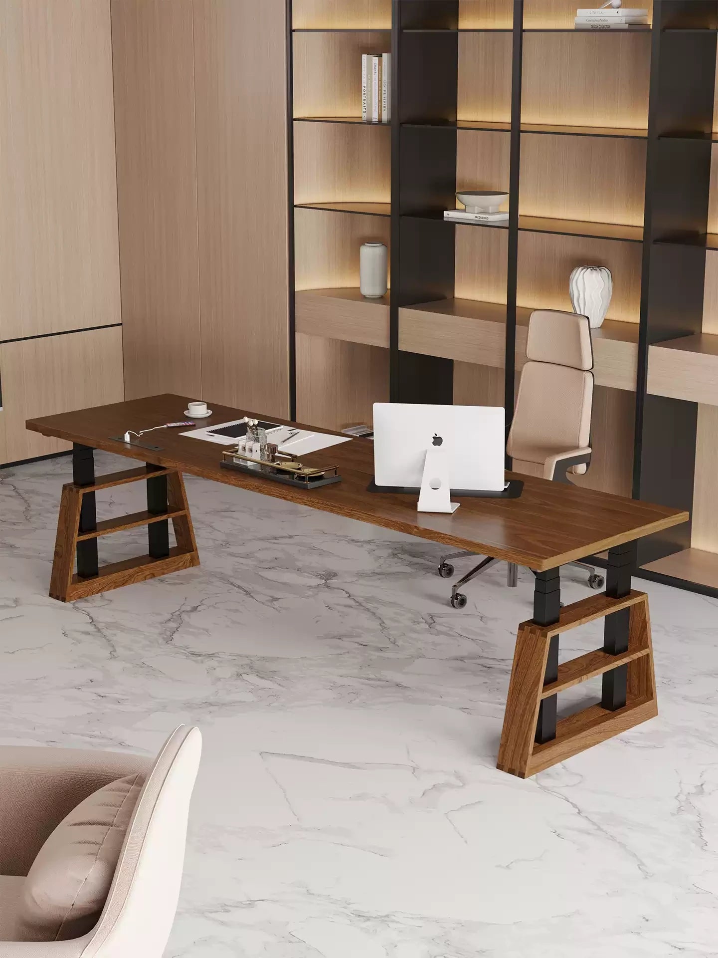 Solid wood electric standing desk in a modern executive office