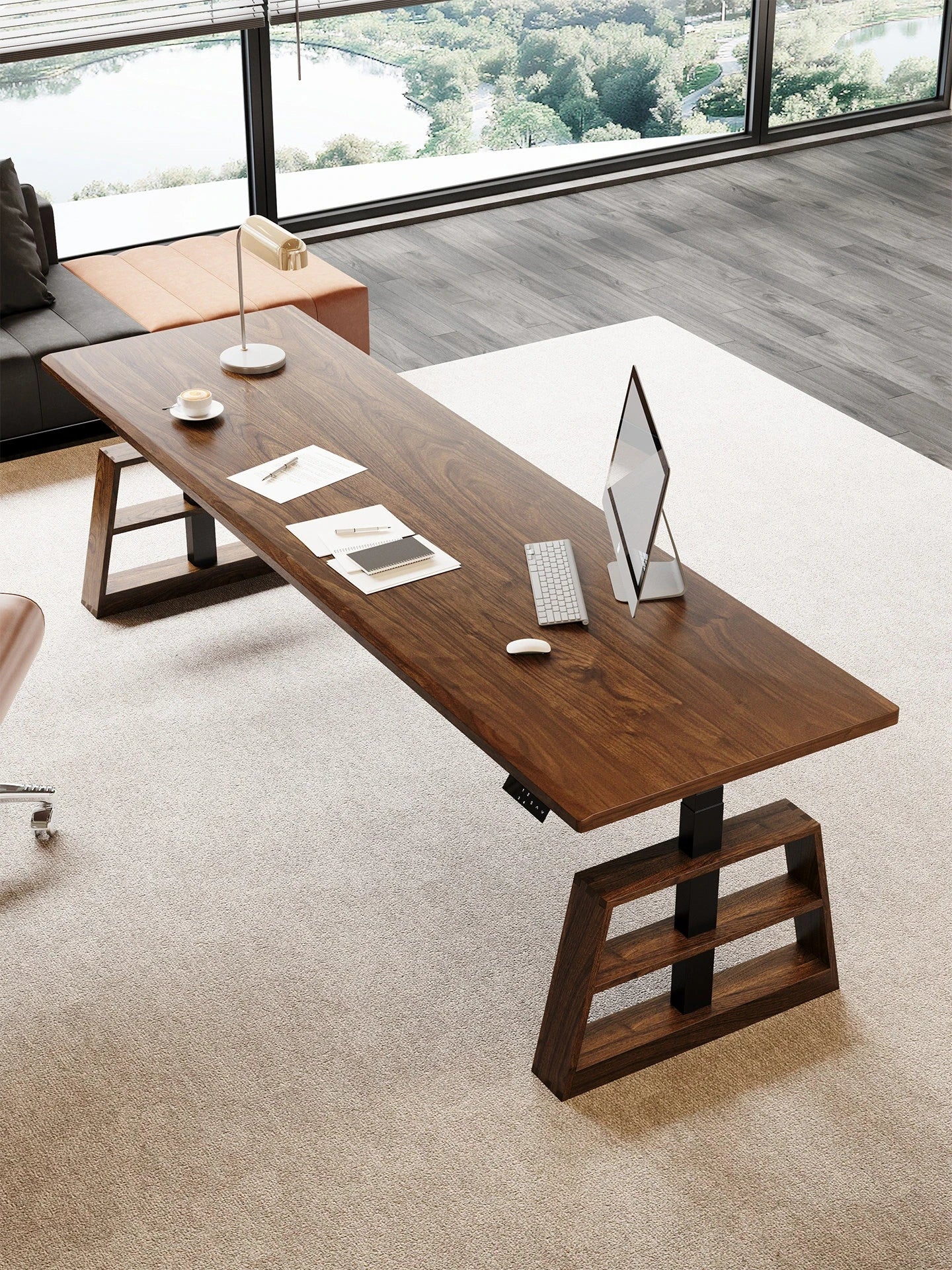 Solid wood electric standing desk in a modern office