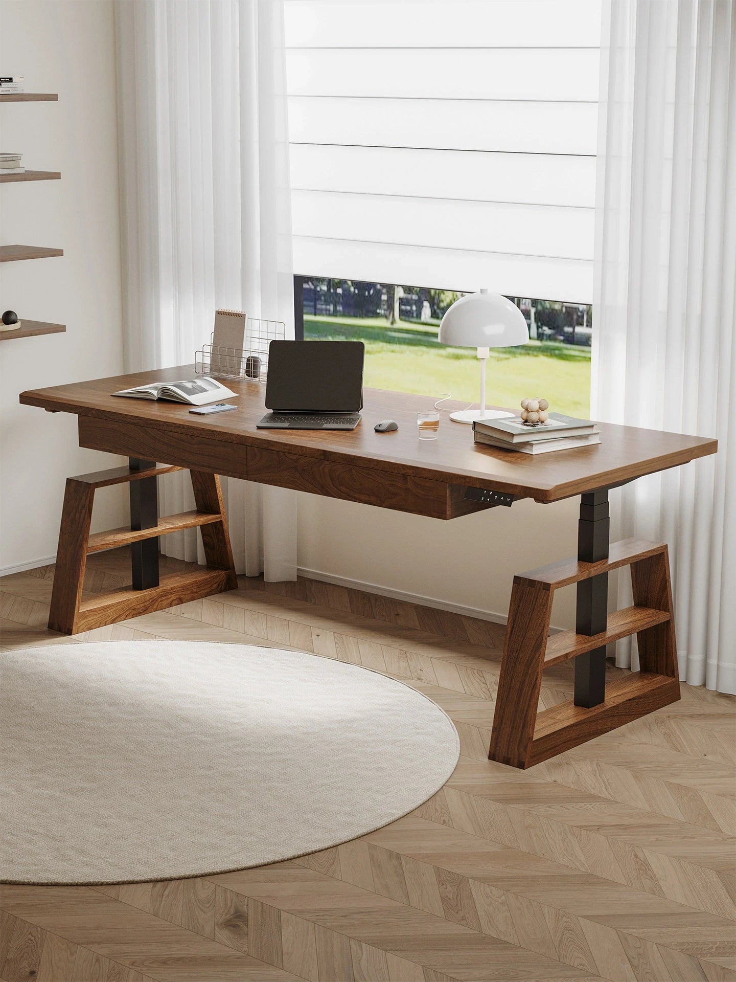 Solid wood electric standing desk in a modern office