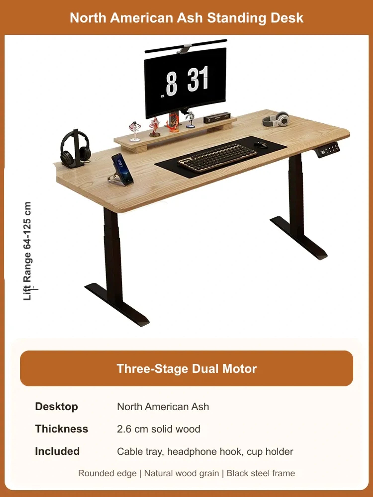 North American White Ash solid wood electric standing desk with 2.6 cm desktop and 3-stage dual motor