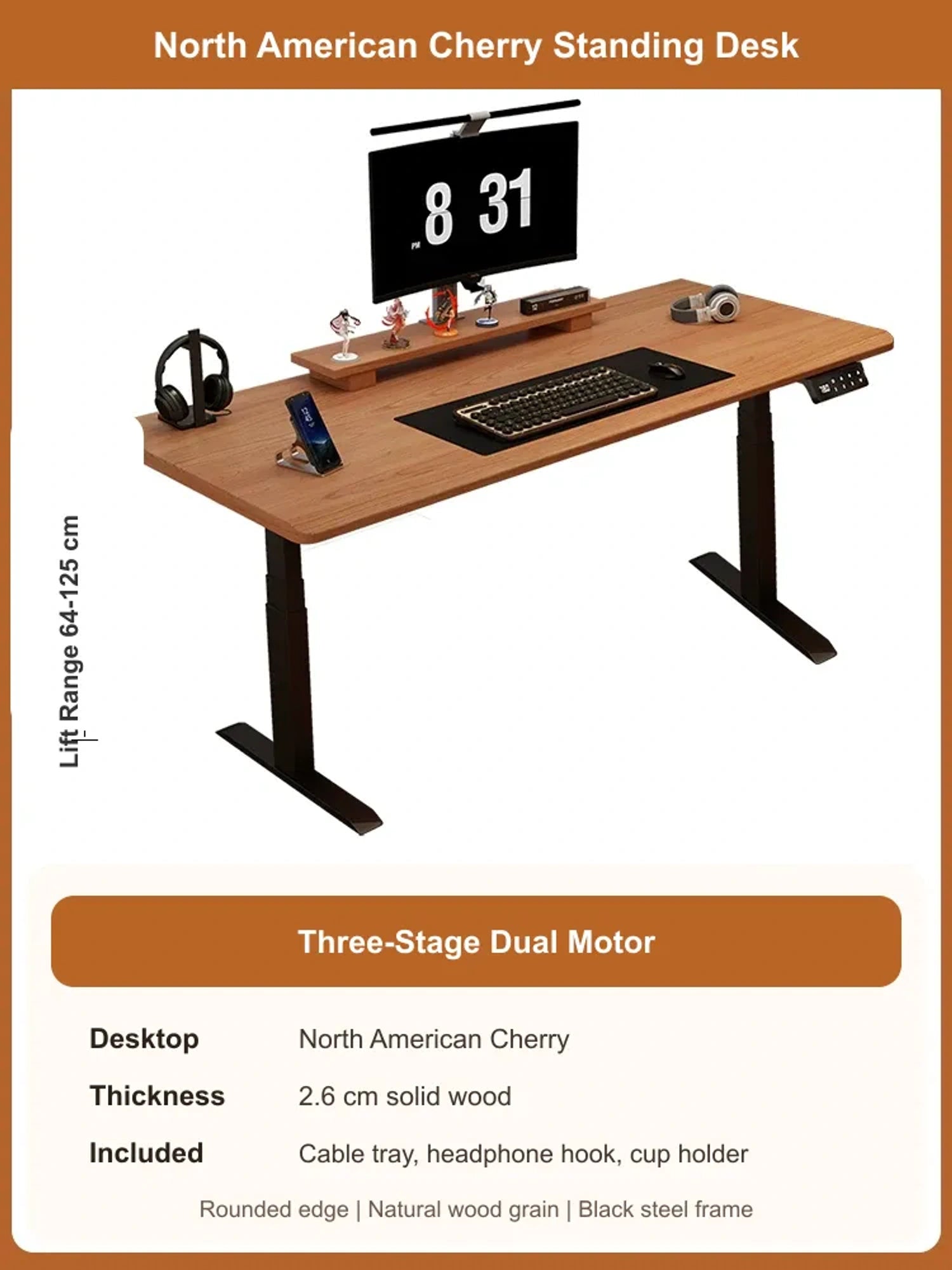 North American Cherry solid wood electric standing desk with 2.6 cm desktop and 3-stage dual motor
