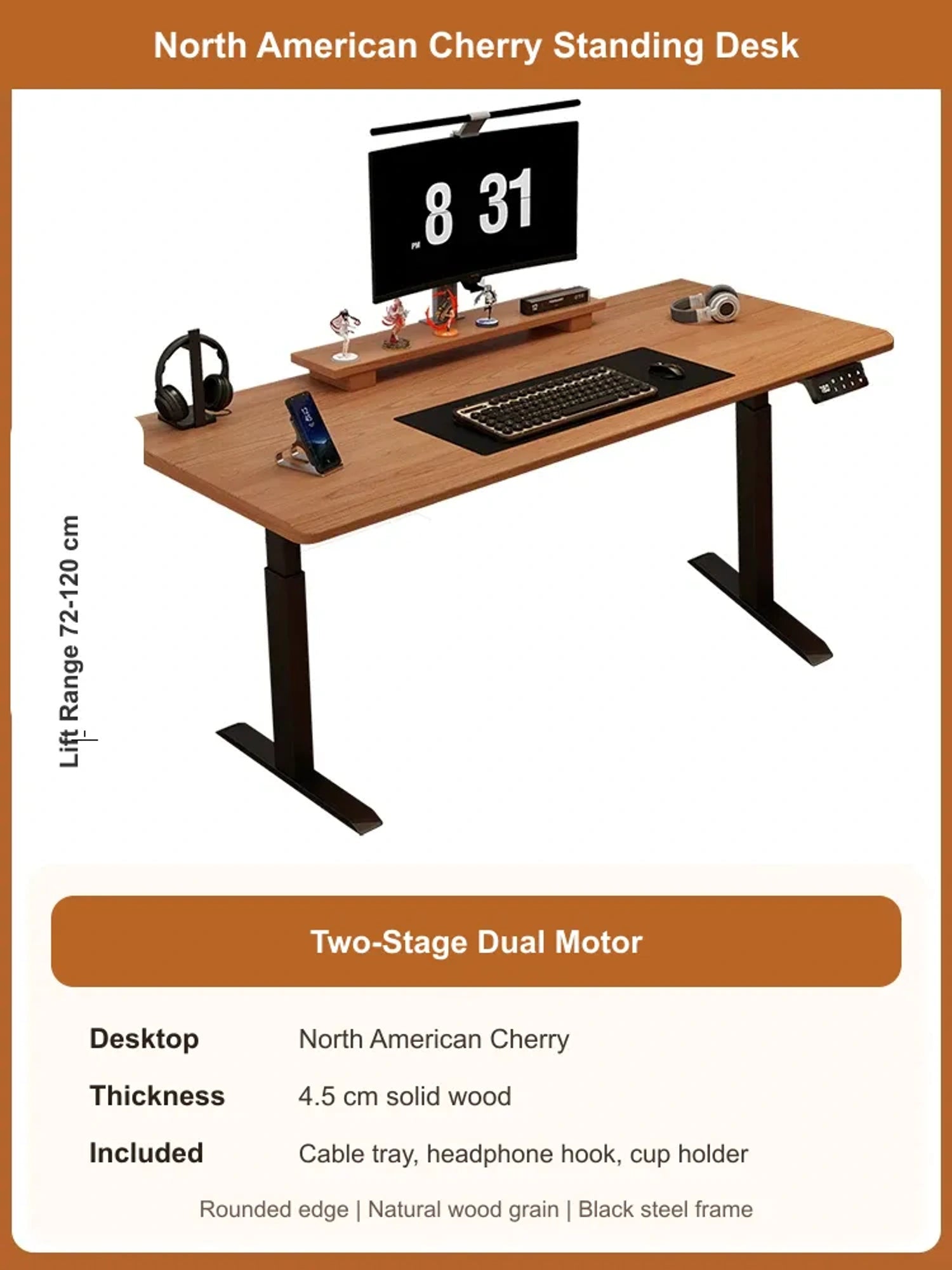 North American Cherry solid wood electric standing desk with 4.5 cm desktop and 2-stage dual motor