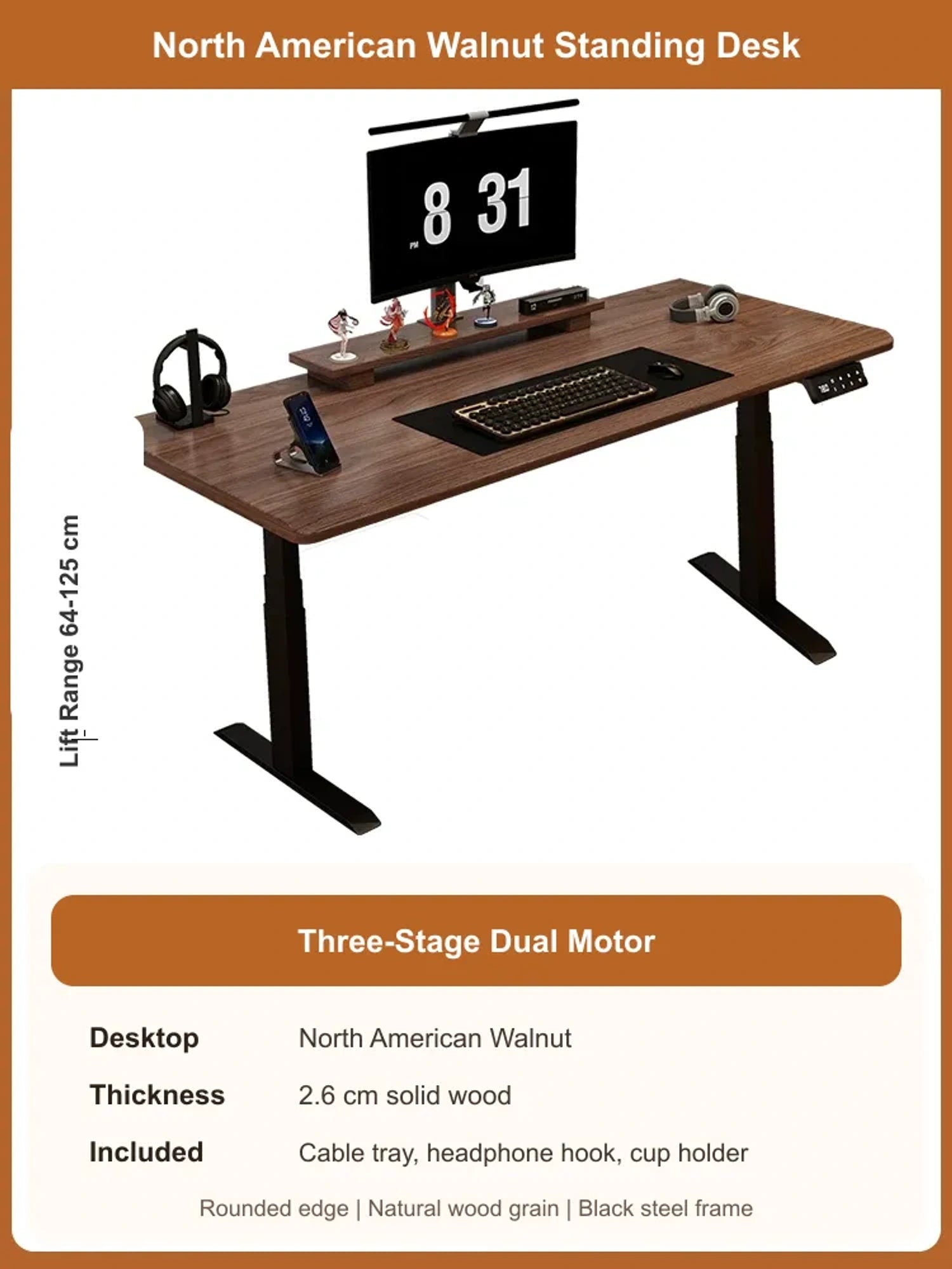 North American Walnut solid wood electric standing desk with 2.6 cm desktop and 3-stage dual motor