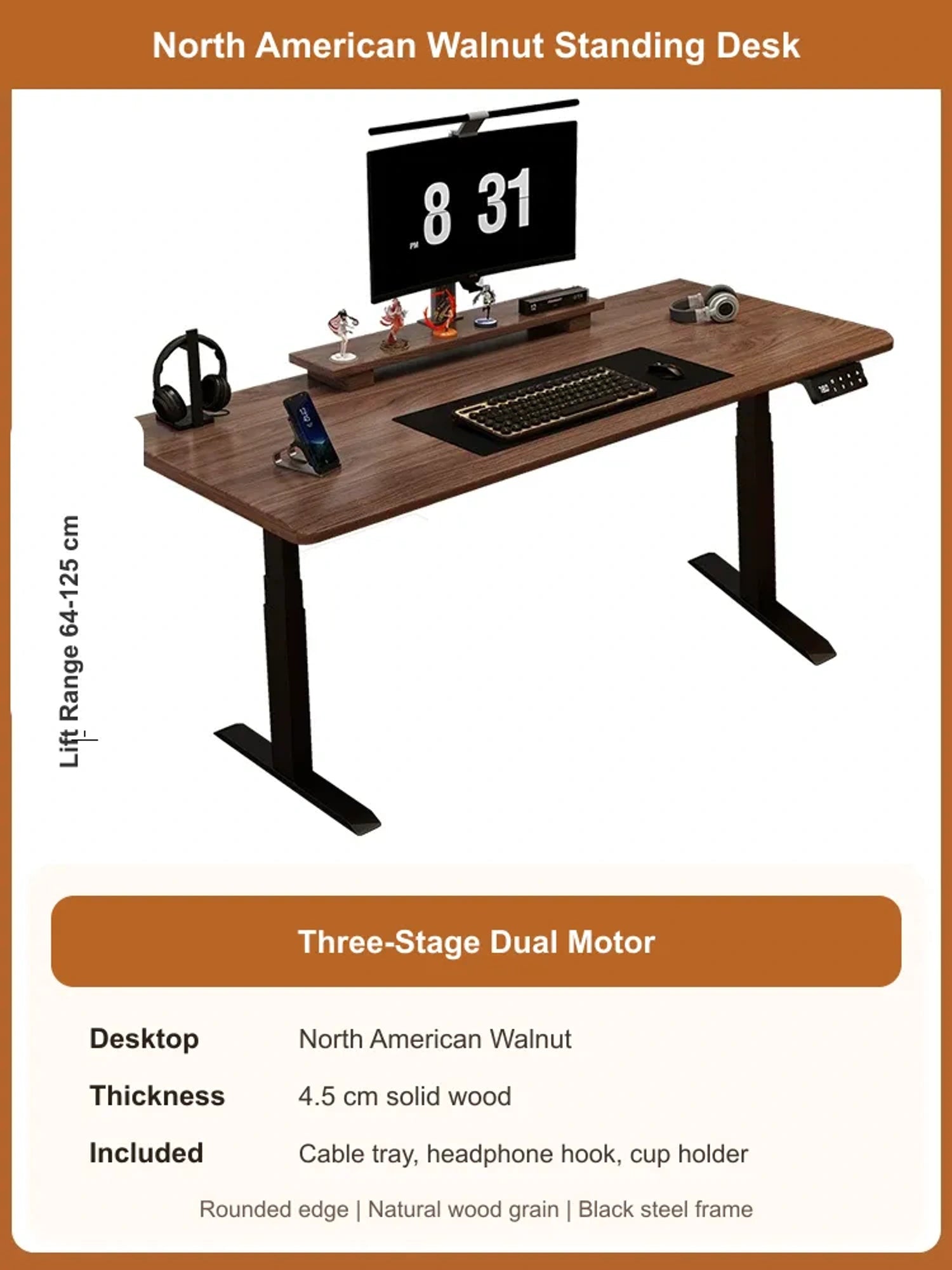 North American Walnut solid wood electric standing desk with 4.5 cm desktop and 3-stage dual motor