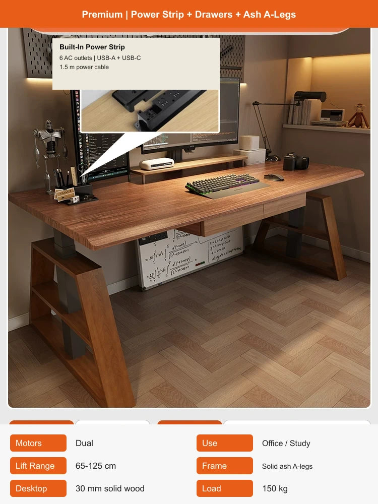 electric standing desk with power strip drawers and solid ash A-legs