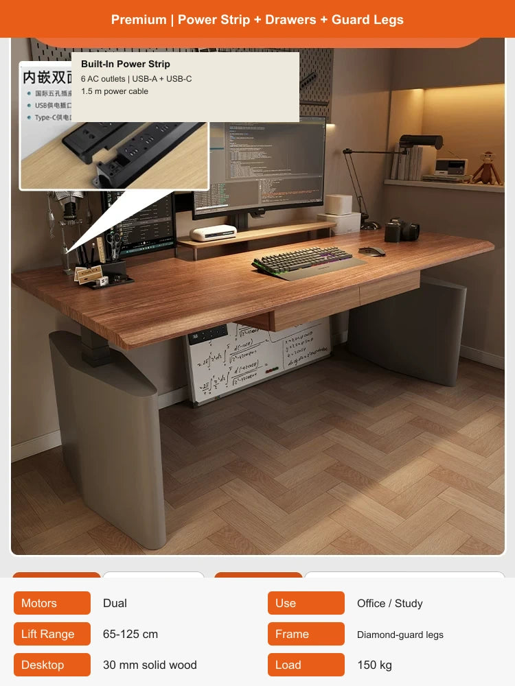 premium electric standing desk with power strip drawers and guard legs