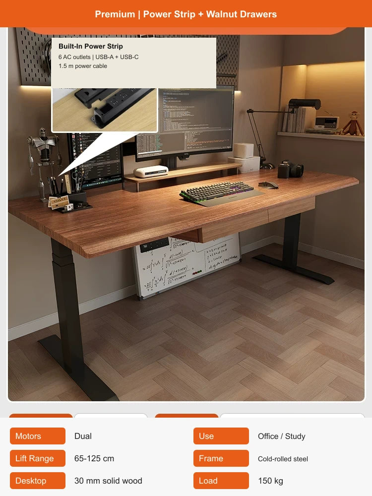 solid wood electric standing desk with power strip and walnut drawers