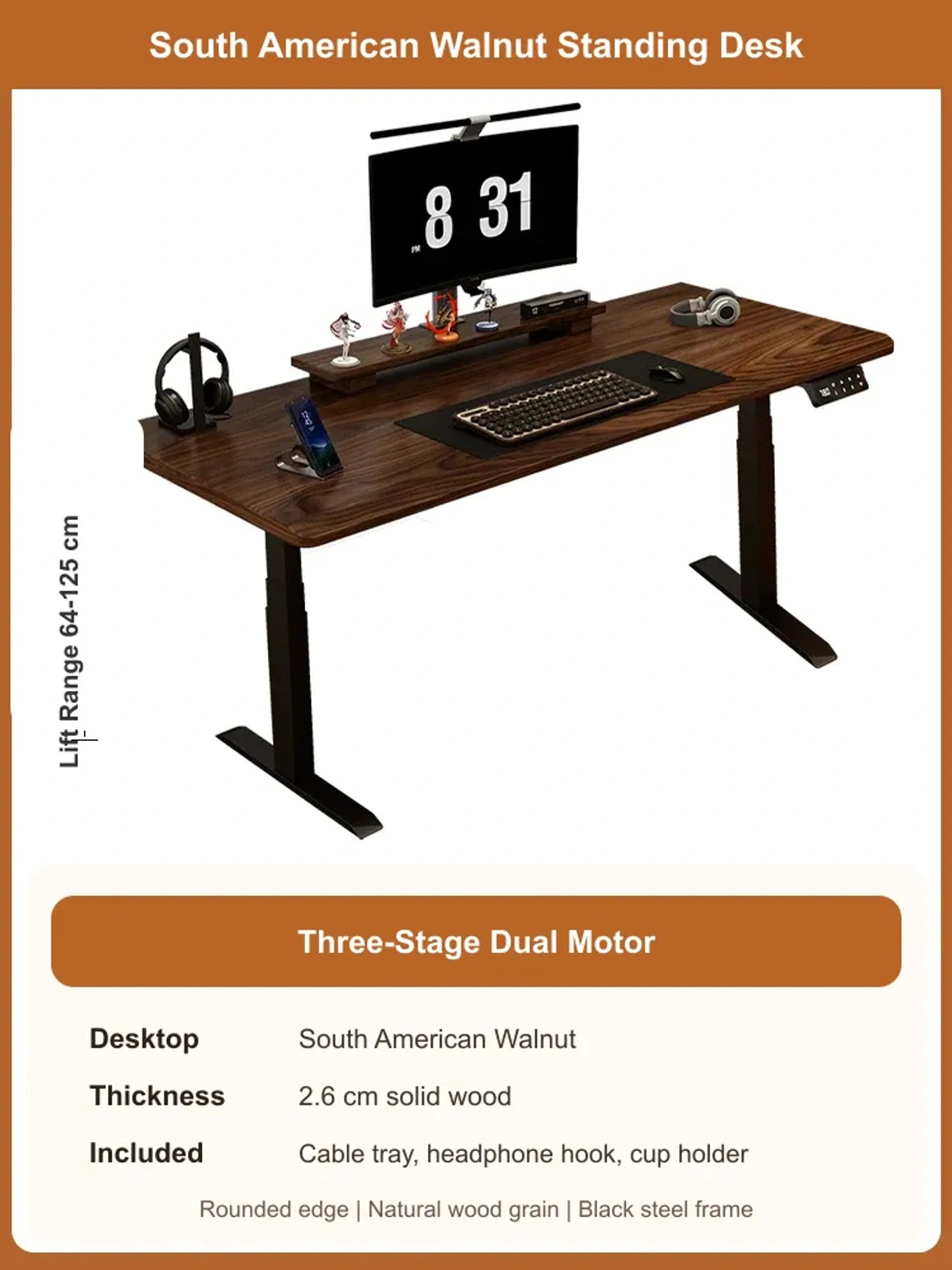 South American Walnut solid wood electric standing desk with 2.6 cm desktop and 3-stage dual motor