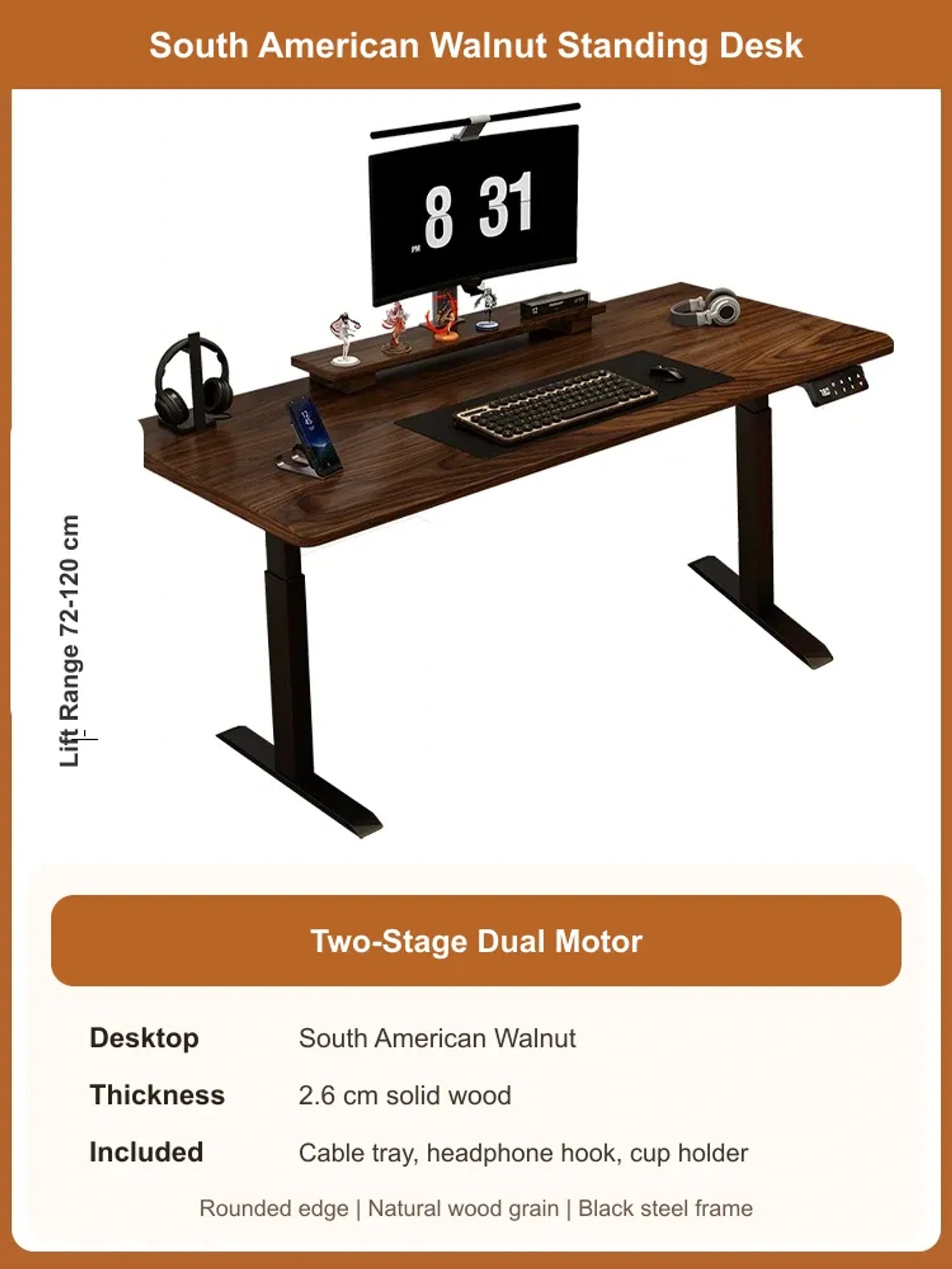 South American Walnut solid wood electric standing desk with 2.6 cm desktop and 2-stage dual motor