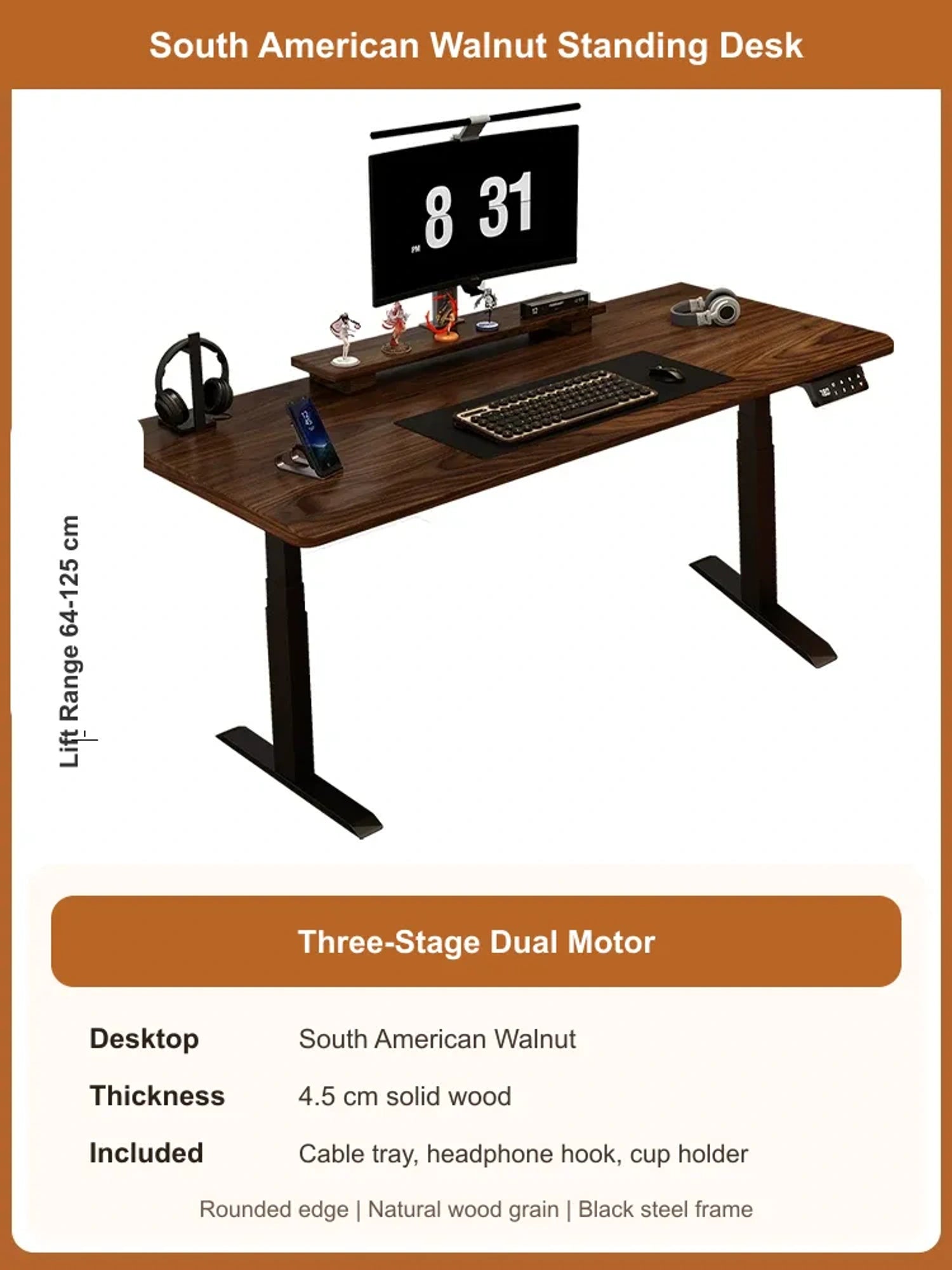 South American Walnut solid wood electric standing desk with 4.5 cm desktop and 3-stage dual motor