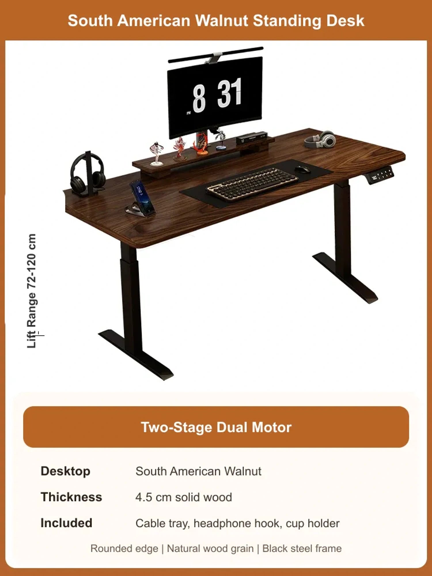 South American Walnut solid wood electric standing desk with 4.5 cm desktop and 2-stage dual motor