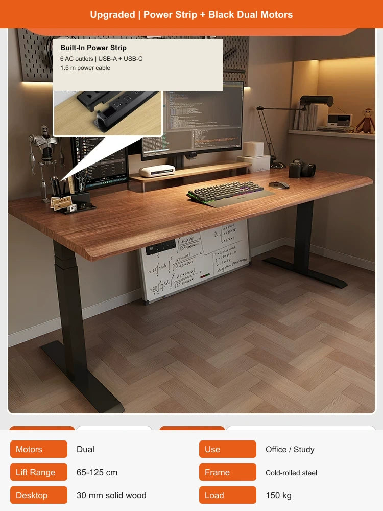 electric standing desk with power strip and black dual motors