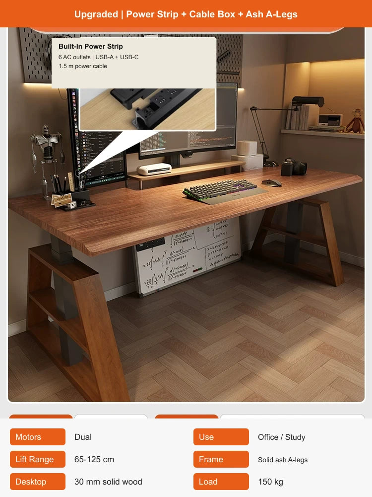 electric standing desk with power strip cable box and ash A-legs